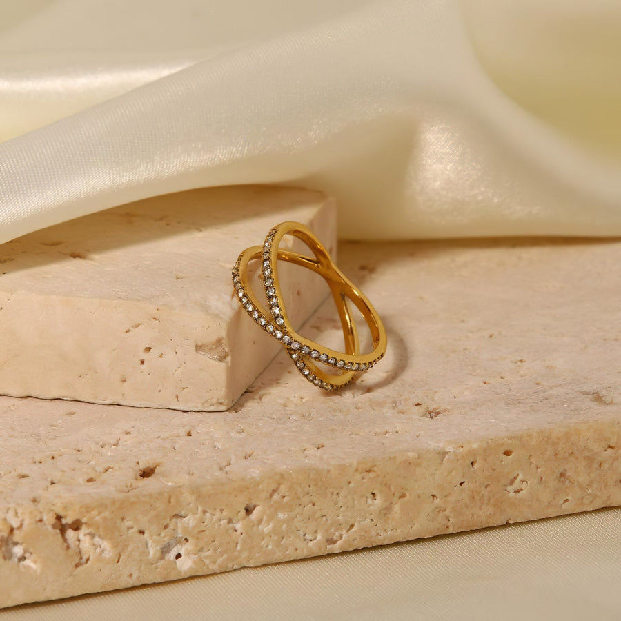 Gold Pave Crossover Ring - Norah's Place